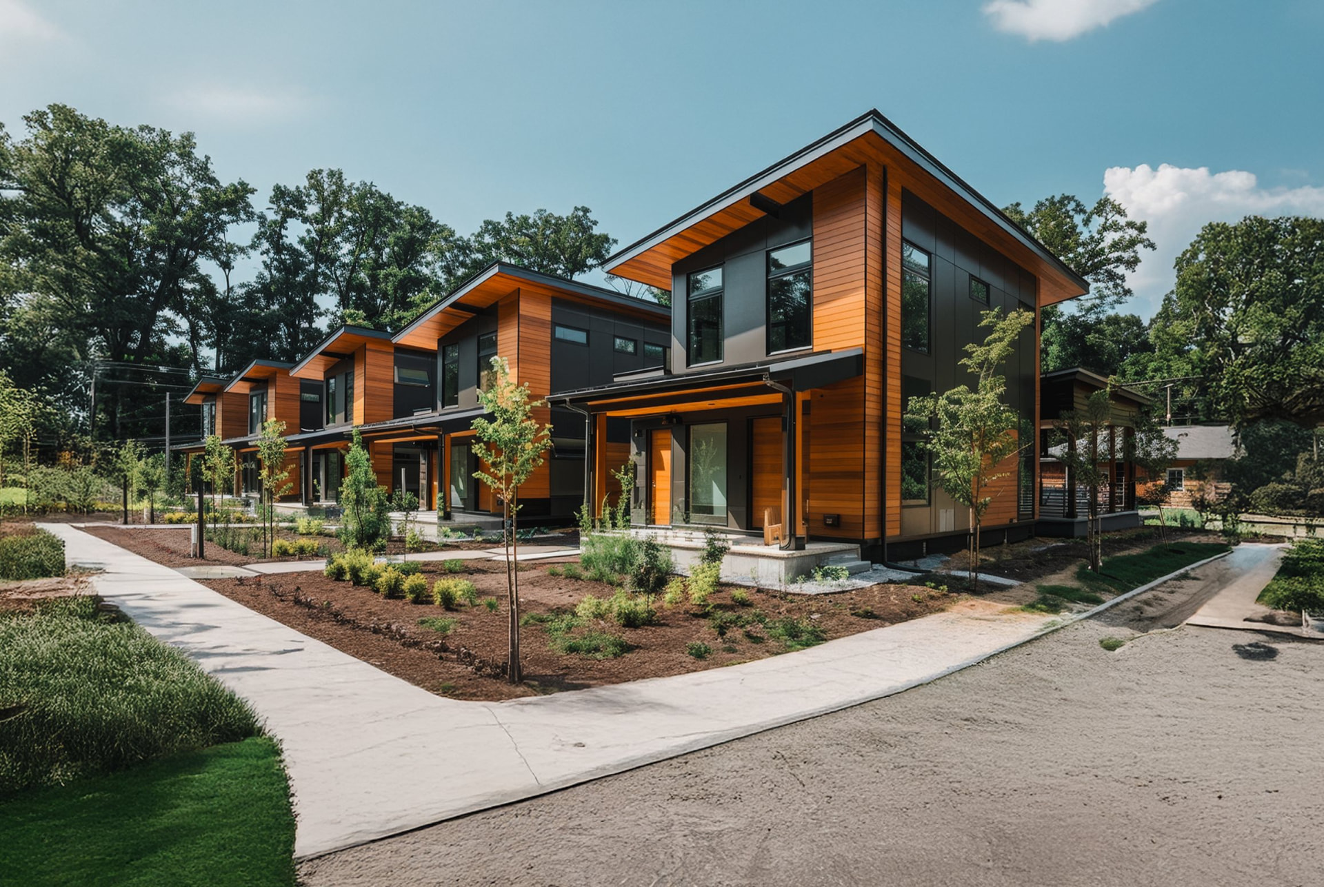 A row of two-story VeraFrame townhome modules with cedar and dark cladding