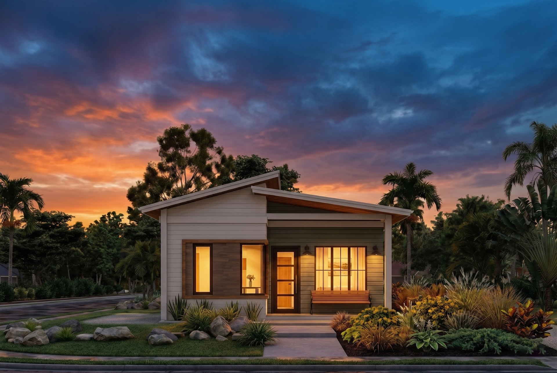 VeraFrame cottage at dusk with warm interior lighting