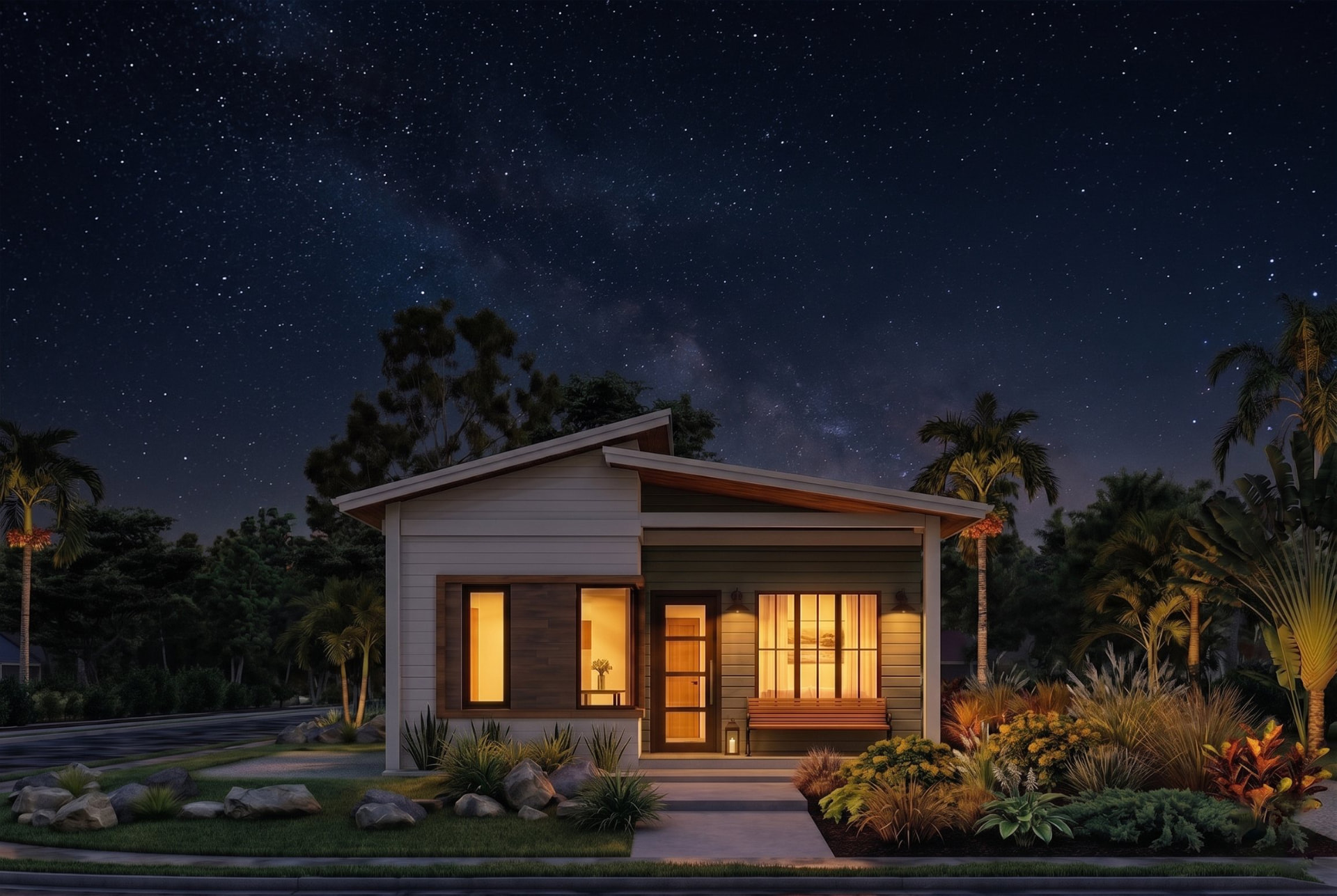 VeraFrame cottage rendering under a night sky