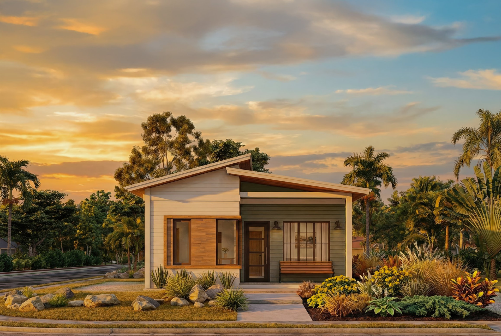 VeraFrame cottage rendering at golden hour with landscaped frontage