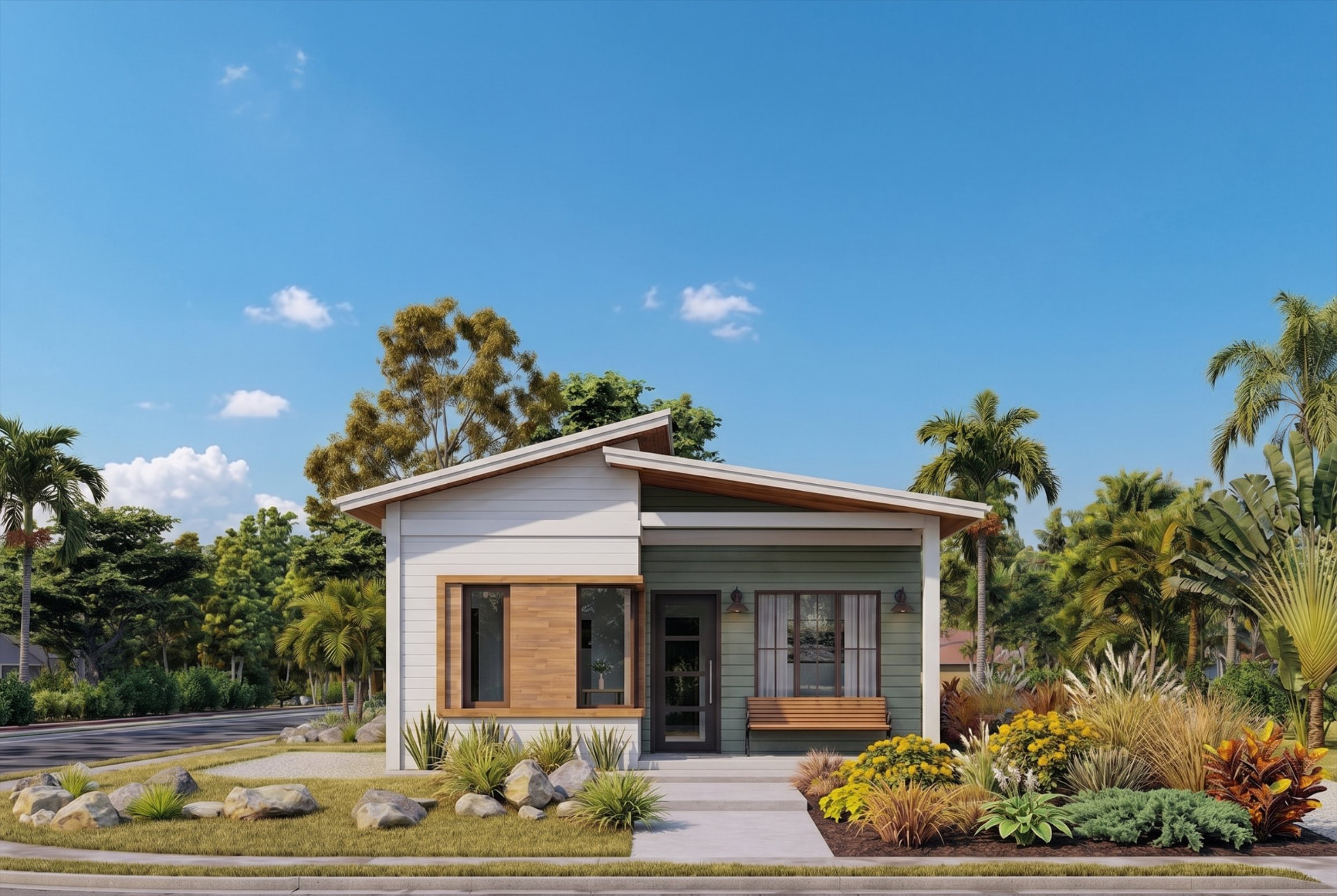 VeraFrame factory-built cottage with landscaped frontage in daylight