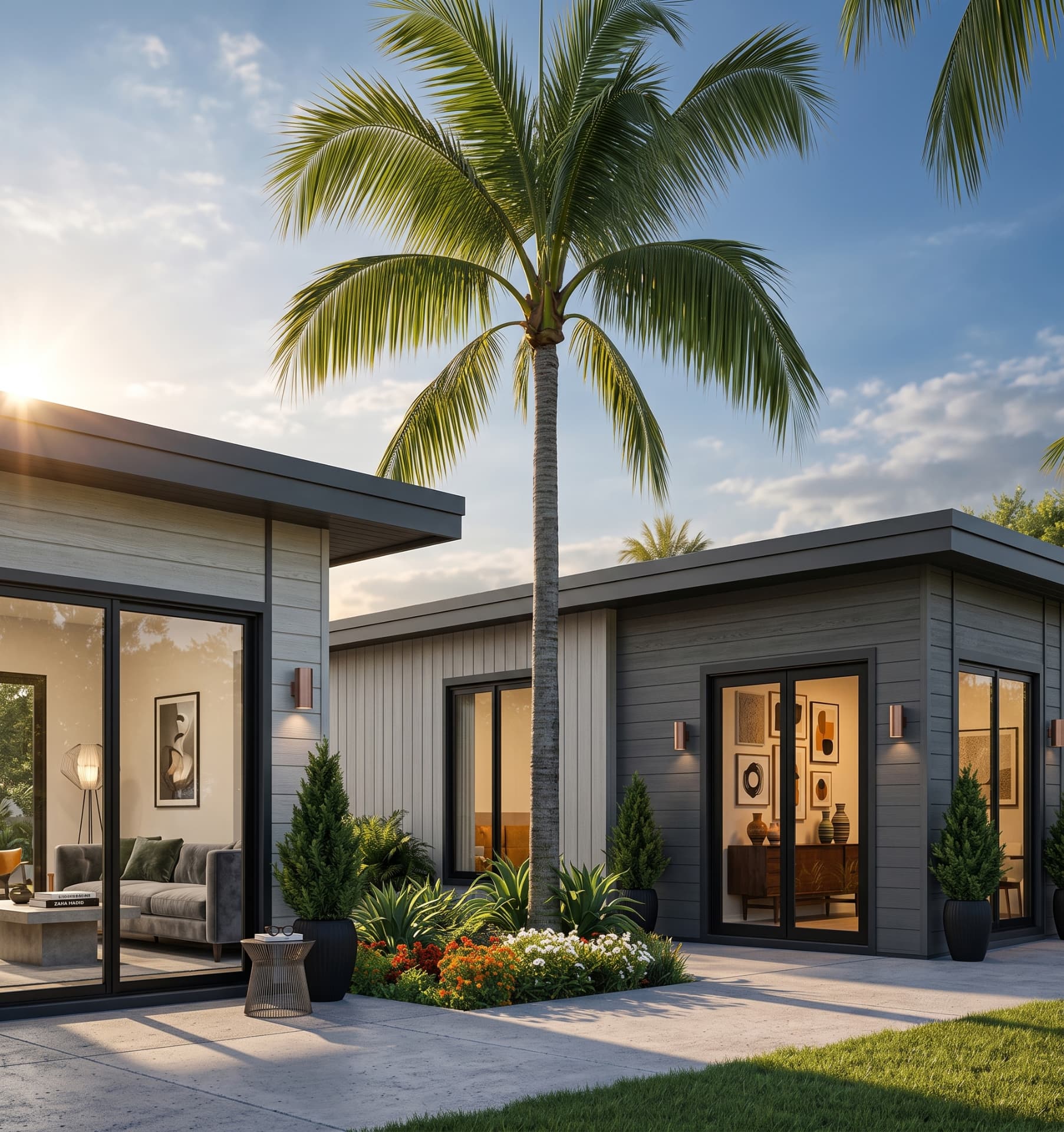 Rendering of a VeraFrame courtyard home with sliding glass and palm landscaping