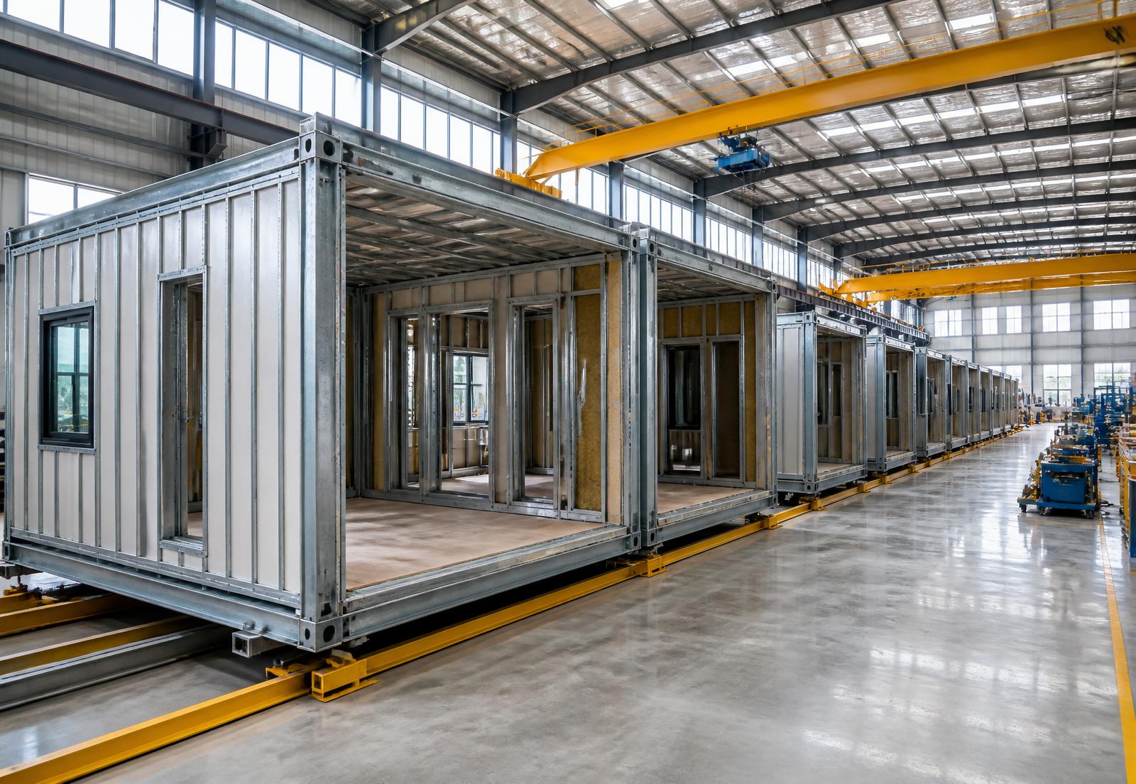 Galvanized steel-frame housing modules on an indoor assembly line